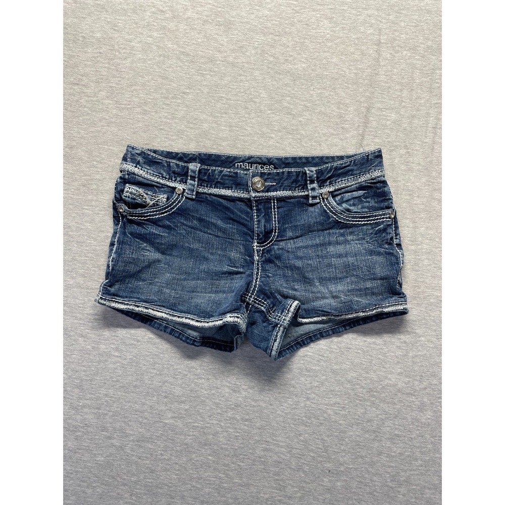 Maurices Jean Shorts Womens 7/8 Blue Denim Cotton Stretch Embroidered Rhinestone